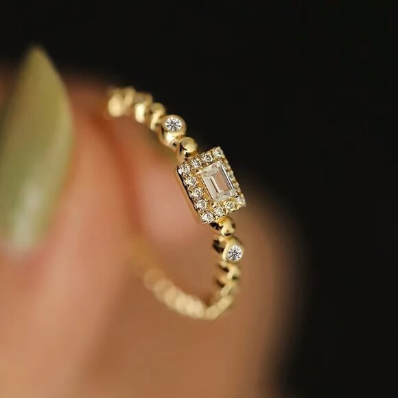 NEW 14k Gold Diamond Ring Rectangle Emerald Cut Dainty Ring Band - Picture 2 of 3